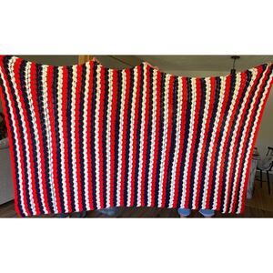 Red White & Blue Crocheted Blanket Afghan Approx 8’x4’ Patriotic 4th of July